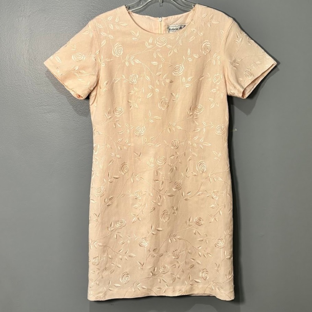 Victoria Holley Dress Womens 12 Peach Linen Blend Floral Embroidered Sheath Chic